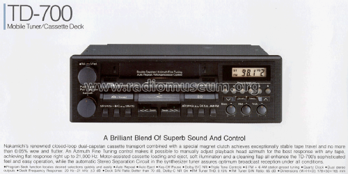 Mobile Tuner/Cassette Deck TD-700, E, D; Nakamichi Co.; Tokyo (ID = 2635297) Car Radio