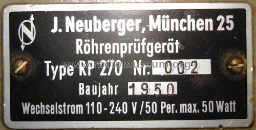 Röhrenprüfgerät RP270; Neuberger, Josef; (ID = 1845799) Ausrüstung