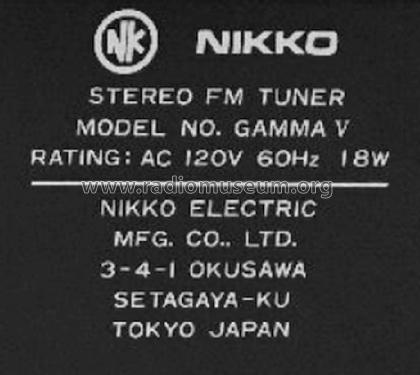 Synthesized FM Tuner Gamma V; Nikko Electric (ID = 1783839) Radio