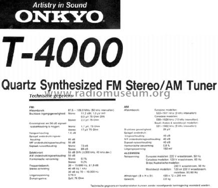 Quartz Synthesized FM Stereo/AM Tuner T-4000; Onkyo, Osaka Denki (ID = 1681220) Radio