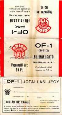 Fülhallgató - Earphone OF-1; Orion; Budapest (ID = 2229590) Altavoz-Au