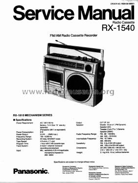 FM/AM Radio Cassette Recorder RX-1540; Panasonic, (ID = 1840076) Radio