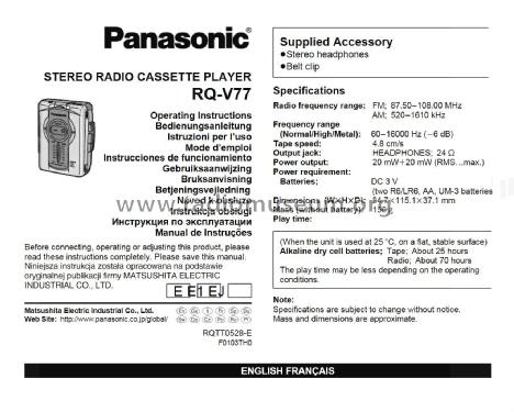 Stereo Radio Cassette Player RQ-V77; Panasonic, (ID = 2678899) Radio