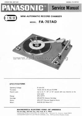 Mini-Automatic Record Changer FA-707AD; Panasonic, (ID = 1526027) Ton-Bild