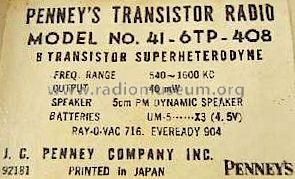 Transistor 6 41-6TP-408; JCPenney, Penney's, (ID = 531696) Radio
