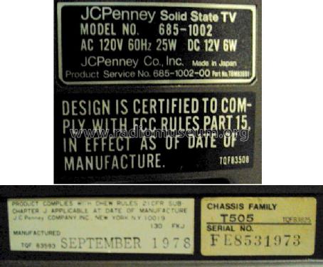Solid State TV 685-1002 T505; JCPenney, Penney's, (ID = 1253149) Television