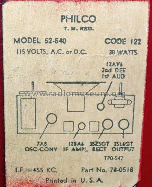 52-540-M Code 122 Transitone; Philco, Philadelphia (ID = 2060672) Radio