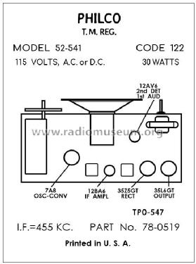 52-541-M Code 122; Philco, Philadelphia (ID = 2913022) Radio