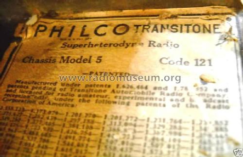 5 Code 121; Philco, Philadelphia (ID = 706389) Car Radio