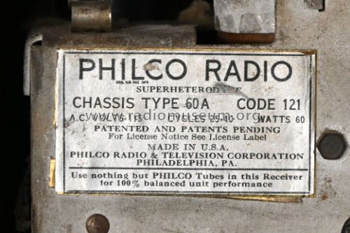 60A code 121 ; Philco, Philadelphia (ID = 3248574) Radio