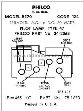 B570 Code 124; Philco, Philadelphia (ID = 2896450) Radio