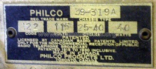 39-319-A code 121-122; Philco Products Ltd. (ID = 957487) Radio