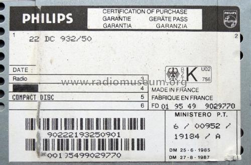 DC 932 CD-RDS 22DC932 /50; Philips France; (ID = 2484144) Car Radio