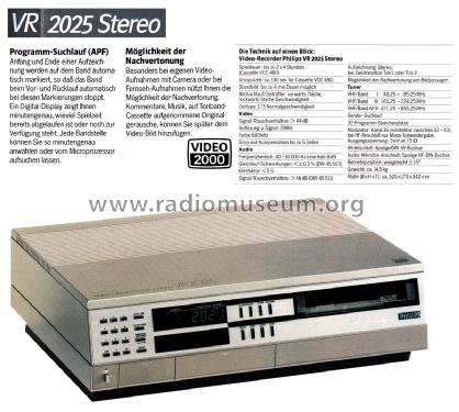 Stereo Videorecorder VR2025 /00 /02; Philips Radios - (ID = 2562316) Enrég.-R