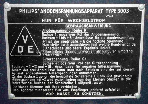 Anodenspannungsapparat 3003; Philips Radios - (ID = 658650) A-courant