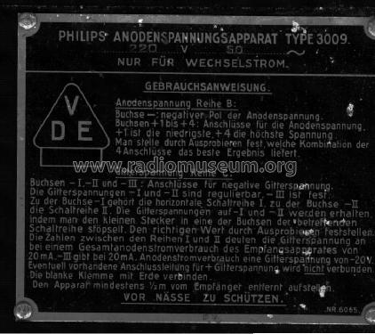 Wechselstrom-Netzanode 3009; Philips Radios - (ID = 661395) Aliment.