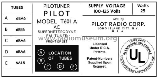 Pilotuner T-601A; Pilot Electric Mfg. (ID = 2795961) Radio