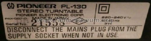 Auto-Return Stereo Turntable PL-130; Pioneer Corporation; (ID = 1956499) Enrég.-R