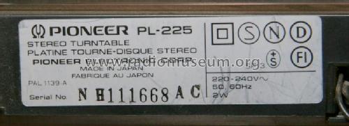 Auto-Return Stereo Turntable PL-225; Pioneer Corporation; (ID = 2168509) Reg-Riprod