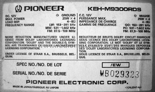 Car Radio Cassette KEH-M9300RDS; Pioneer Corporation; (ID = 1068478) Autoradio