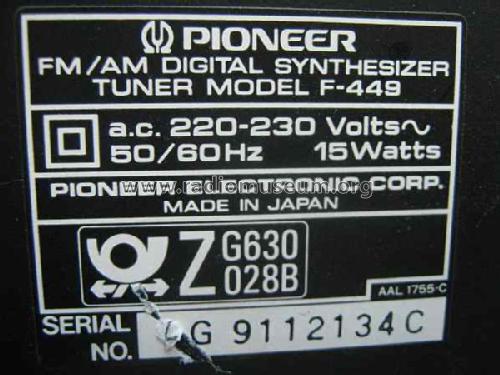 FM/AM Digital Synthesizer Tuner F-449; Pioneer Corporation; (ID = 1713107) Radio