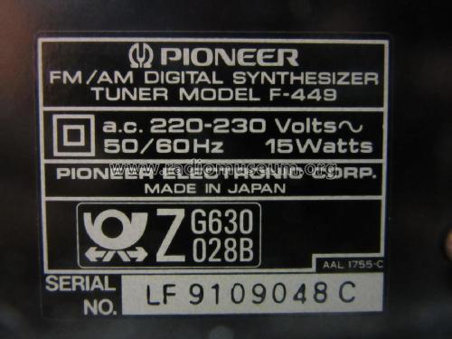 FM/AM Digital Synthesizer Tuner F-449; Pioneer Corporation; (ID = 2333597) Radio
