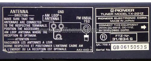 FM/AM Digital Synthesizer Tuner TX-221Z; Pioneer Corporation; (ID = 2663550) Radio