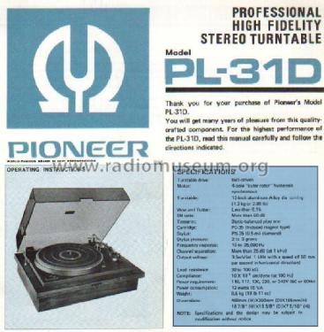 Beltdrive Stereo Turntable PL-31D; Pioneer Corporation; (ID = 1647372) Sonido-V