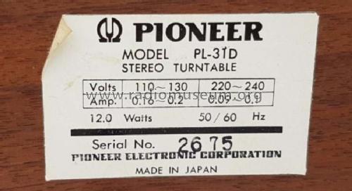 Beltdrive Stereo Turntable PL-31D; Pioneer Corporation; (ID = 2384545) Ton-Bild