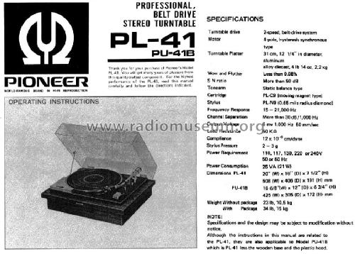 Professional Belt-Drive Stereo Turntable PL-41; Pioneer Corporation; (ID = 1647211) R-Player