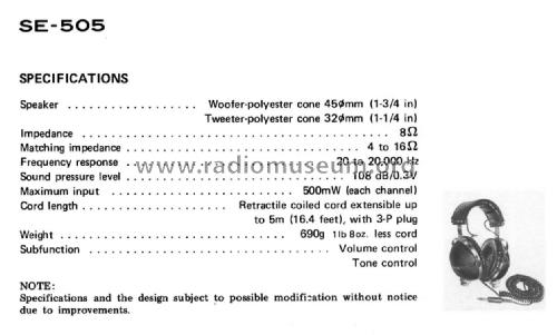 Stereo Headphone SE-505; Pioneer Corporation; (ID = 2289577) Lautspr.-K