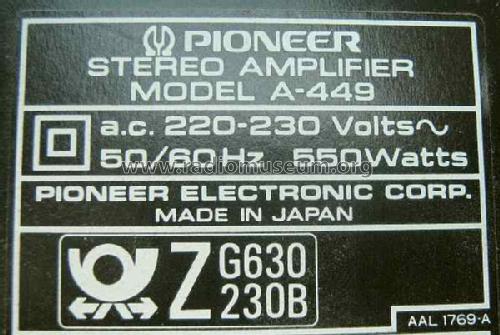 Integrated Stereo Amplifier A-449; Pioneer Corporation; (ID = 1713111) Ampl/Mixer