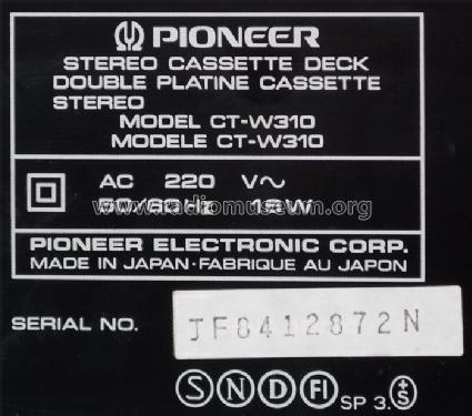 Stereo Double Cassette Deck CT-W310; Pioneer Corporation; (ID = 1225230) Reg-Riprod