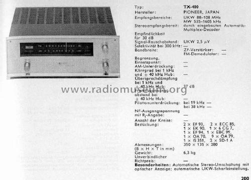 AM-FM Multiplex Stereo Tuner TX-400; Pioneer Corporation; (ID = 1805510) Radio