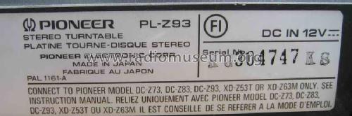 Stereo Turntable PL-Z93; Pioneer Corporation; (ID = 2109587) Sonido-V
