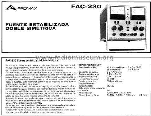 Fuente Alimentación FAC-230; Promax; Barcelona (ID = 2249529) Equipment