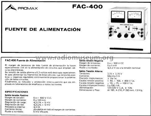 Fuente Alimentación FAC-400; Promax; Barcelona (ID = 2249527) Equipment