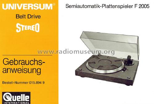 Hifi Semi Automatik Plattenspieler Belt Drive F 2005 Bestell Nr. 015.894 9; QUELLE GmbH (ID = 1572616) R-Player