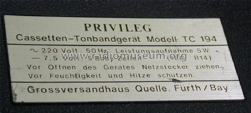 Privileg TC-194 ; QUELLE GmbH (ID = 790717) Sonido-V