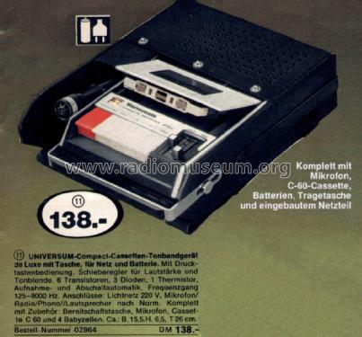Universum Compact-Cassetten-Tonbandgerät de Luxe Best.Nr. 02964; QUELLE GmbH (ID = 2971438) Reg-Riprod