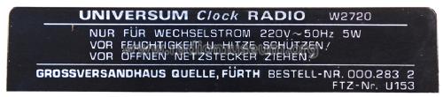 Universum Clock Radio W2720 Best. Nr. 000.283-2; QUELLE GmbH (ID = 1317138) Radio