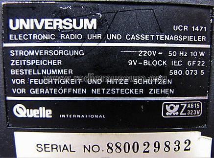 Universum Electronic Radio Uhr und Cassettenabspieler UCR 1471 - Bestellnummer 580.073 5; QUELLE GmbH (ID = 1728488) Radio