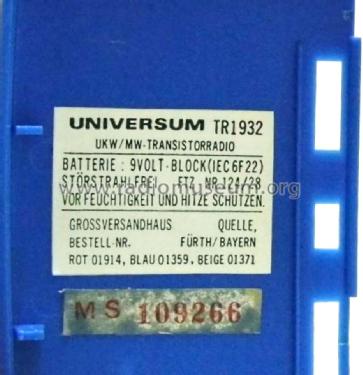 Universum TR1932 Best. Nr. 01359 Blau; QUELLE GmbH (ID = 2332376) Radio