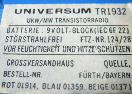 Universum TR1932 Best. Nr. 01359 Blau; QUELLE GmbH (ID = 1570924) Radio