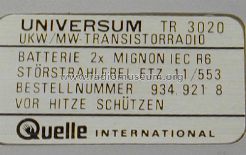 Universum UKW/MW Transistorradio TR 3020 Best.Nr. 934. 921 8; QUELLE GmbH (ID = 2015643) Radio