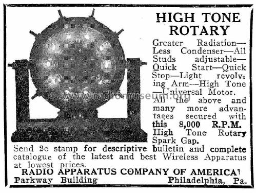 High Tone Rotary Spark Gap ; Radio Apparatus Co. (ID = 989727) Amateur-D