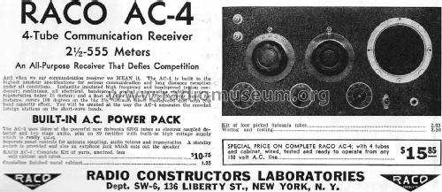 4-Tube Communications Receiver AC-4; Raco Radio (ID = 1787335) Amateur-R