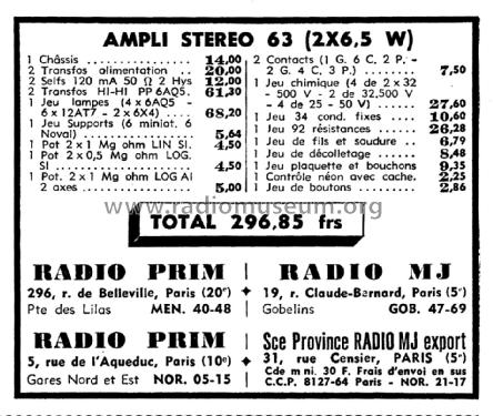 Amplificateur stéréophonique Ampli Stéréo 63; Radio-Prim; Paris (ID = 2742009) Ampl/Mixer