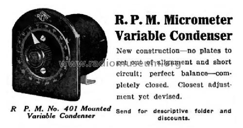 RPM Micrometer Variable Condenser No. 401; Radio Products (ID = 2551426) Radio part