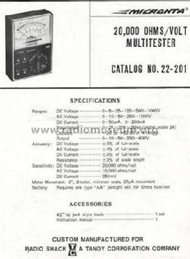 Micronta Multitester 22-201; Radio Shack Tandy, (ID = 841424) Equipment